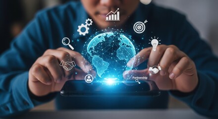 Person using a smartphone with global business and technology concept overlay