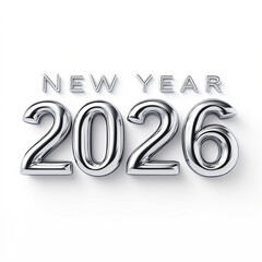 Happy New Year 2026 in sleek silver chrome 3D letters with a polished reflective surface