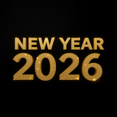 Happy New Year 2026 written in glowing golden letters with giant sparkling 2026 numbers