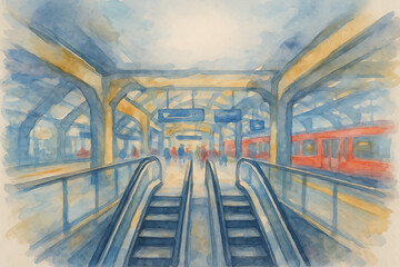 Watercolor painting of a bustling subway station with escalators leading to a platform and a red train.