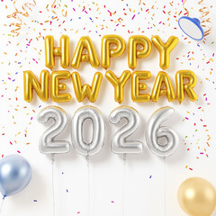 Happy New Year 2026 written with shiny metallic foil letter balloons in gold and silver