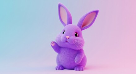 Obraz premium Cute fluffy purple bunny rabbit waving hello 3D render soft pastel