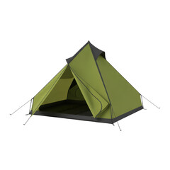 Realistic green camping tent with dark grey trim and open entrance isolated on a transparent background
