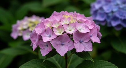 Close up view of blooming hydrangea flower with soft pastel petals
