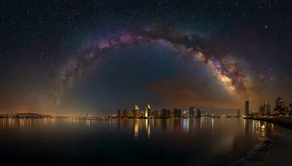 Keuken achterwand Reflectie Vibrant milky way galaxy arching over city lights reflected in calm water  © TANZILA