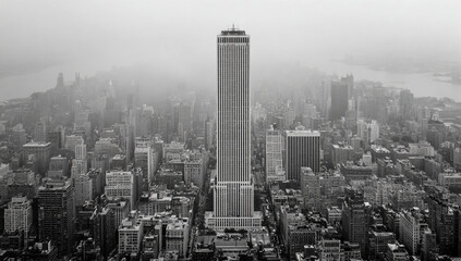 Monochromatic aerial view of a towering skyscraper dominating a dense urban shrouded in mist