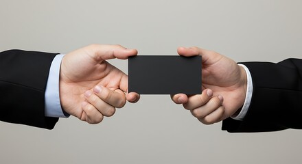 Exchanging business card two hands in formal wear holding blank card