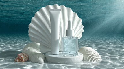 Skincare product underwater seashell presentation