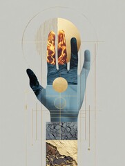 Abstract hand with elements of fire, water, gold, and stone in geometric artistic composition for modern interior poster