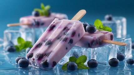 Summer frozen blueberry popsicle with fresh berries