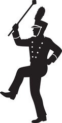 Silhouette drum major in a marching band uniform performing with a baton isolated on white background