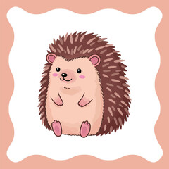 Cute cartoon hedgehog sitting and smiling with pink cheeks and paws.