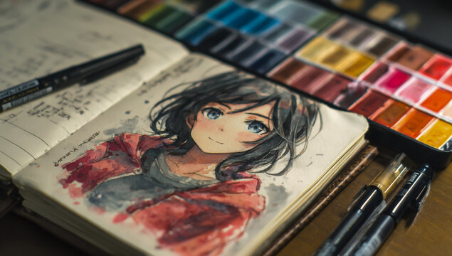 Close up of an anime girl portrait sketch with watercolor paints and brushes in a sketchbook
