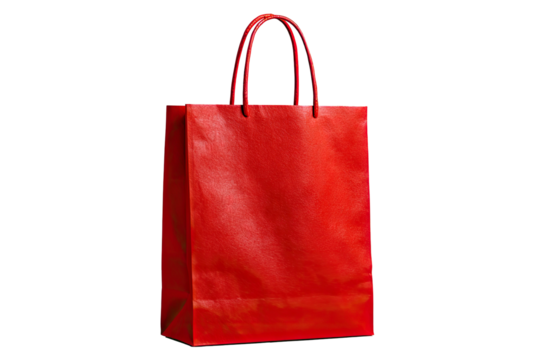 A vibrant red paper shopping bag with sturdy handles stands against a black background, showcasing its smooth texture and simple design