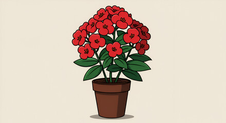 Cartoon illustration of a vibrant red flower pot with green leaves on isolated
