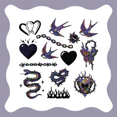 Obraz premium Gothic Tattoo Flash Sheet Featuring Hearts Swallows Snakes and Butterflies.