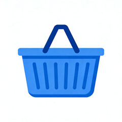 A simplistic illustration of a blue shopping basket with a handle, isolated on white.