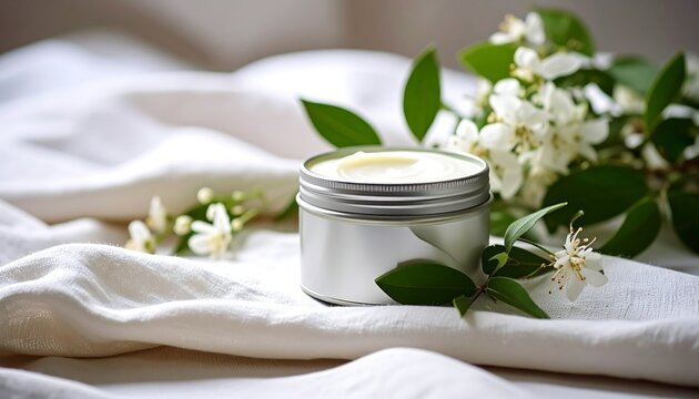 Cream jar on soft cloth with flowers