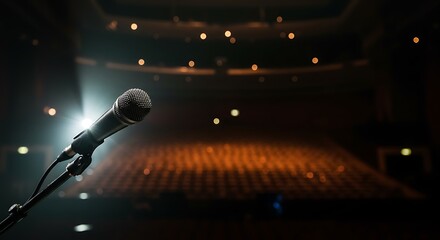 Obraz premium Microphone on stage with illuminated background in auditorium
