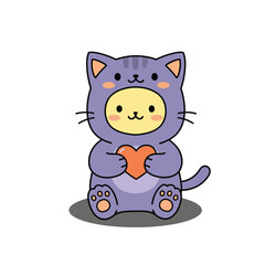 Cute Cartoon Cat in Costume Holding Heart Illustration.