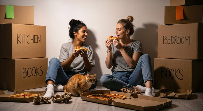 Happy lesbian couple sitting on the floor of their new home and eating pizza on moving day, taking a break from unpacking and enjoying their first night. Part of a series depicting a lesbian couple