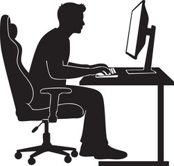 Silhouette person sitting in a gaming chair at a desk using a computer isolated on white background