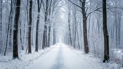 Naklejka premium Winter Forest Path with Snow Covered Trees