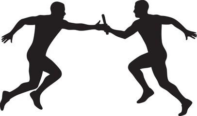 Two male athletes in silhouette passing a baton during a relay race isolated on white background