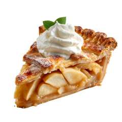 Delicious apple pie slice with flaky crust, topped with whipped cream and mint leaf, evokes warmth and comfort