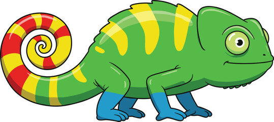 Colorful cartoon chameleon illustration with green body, striped tail, bright patterns, exotic reptile vector design symbolizing camouflage, wildlife, nature, tropical animal art
