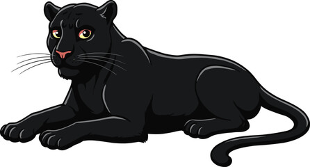 Black panther illustration lying down, elegant wild animal artwork, jungle predator design, big cat vector drawing for wildlife, nature, zoo, safari, and adventure themes