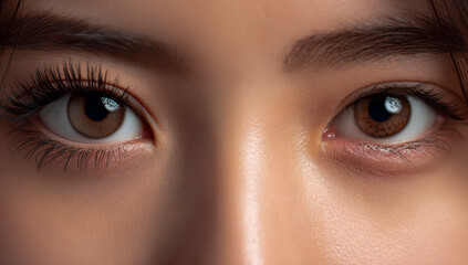 Close up macro shot of a young woman s expressive brown eyes with long eyelashes and delicate skin