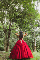 Fototapeta premium Mujer con vestido de gala rojo caminando en medio de un bosque natural, vista trasera