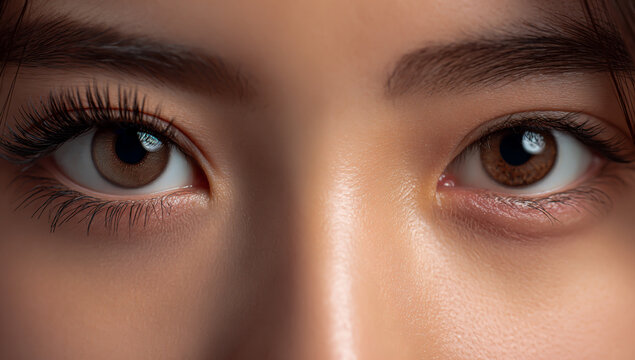 Close up macro shot of a young woman s expressive brown eyes with long eyelashes and delicate skin