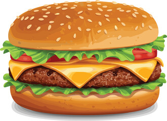 Delicious cheeseburger illustration with beef patty, melted cheese, lettuce, tomato, sesame seed bun, fast food concept, tasty sandwich vector design artwork