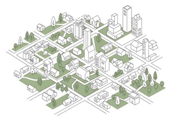 Isometric illustration of a minimalist city featuring buildings, streets, and green spaces on white