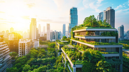Obraz premium A modern city with eco-friendly architecture, green rooftops, and a clean, sustainable environment.