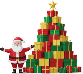 Santa Claus standing with Christmas tree made of colorful gift boxes, festive holiday celebration illustration, seasonal decoration, New Year, winter holiday vector design