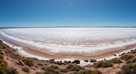Expansive view of a salt lake under a clear blue sky on a sunny day