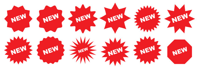 Set of red starburst shapes. Product tag labels. Sale price stickers. Star burst boxes. Discount promo stamps. Circle, round splash badges. Vector illustration.