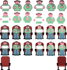 Fans cheering with light sticks and placards in concert hall seats, Kpop idol concert fan club illustration, year end music festival vector