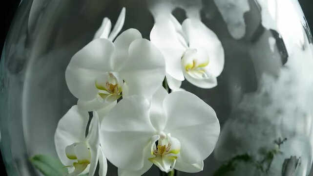 White Orchids Blooming Inside a Decorative Glass Container