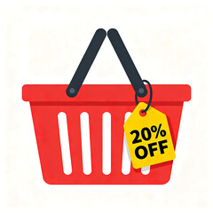A red shopping basket with a yellow price tag indicating a 20% discount.