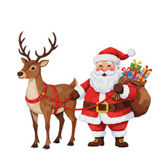 A cheerful cartoon Santa Claus with a friendly reindeer, carrying a large sack filled with colorful holiday gifts for Christmas