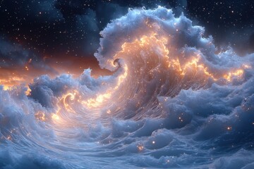 Large ocean wave illuminated by bright orange lights.