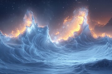 Large ocean wave with bright orange glow.