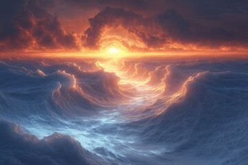Large ocean wave under bright orange sky.