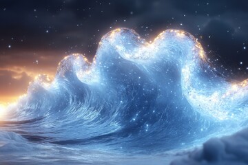"Ocean wave under starry sky with clouds"