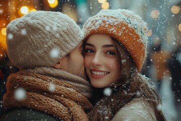 Couple in winter clothes hugging and smiling.