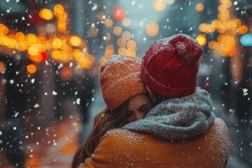 Woman in red hat and coat, hugging head in snow.